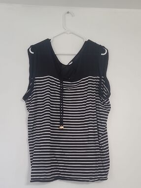 Anne Klein Sleeveless Black & White Striped Drawstring Top